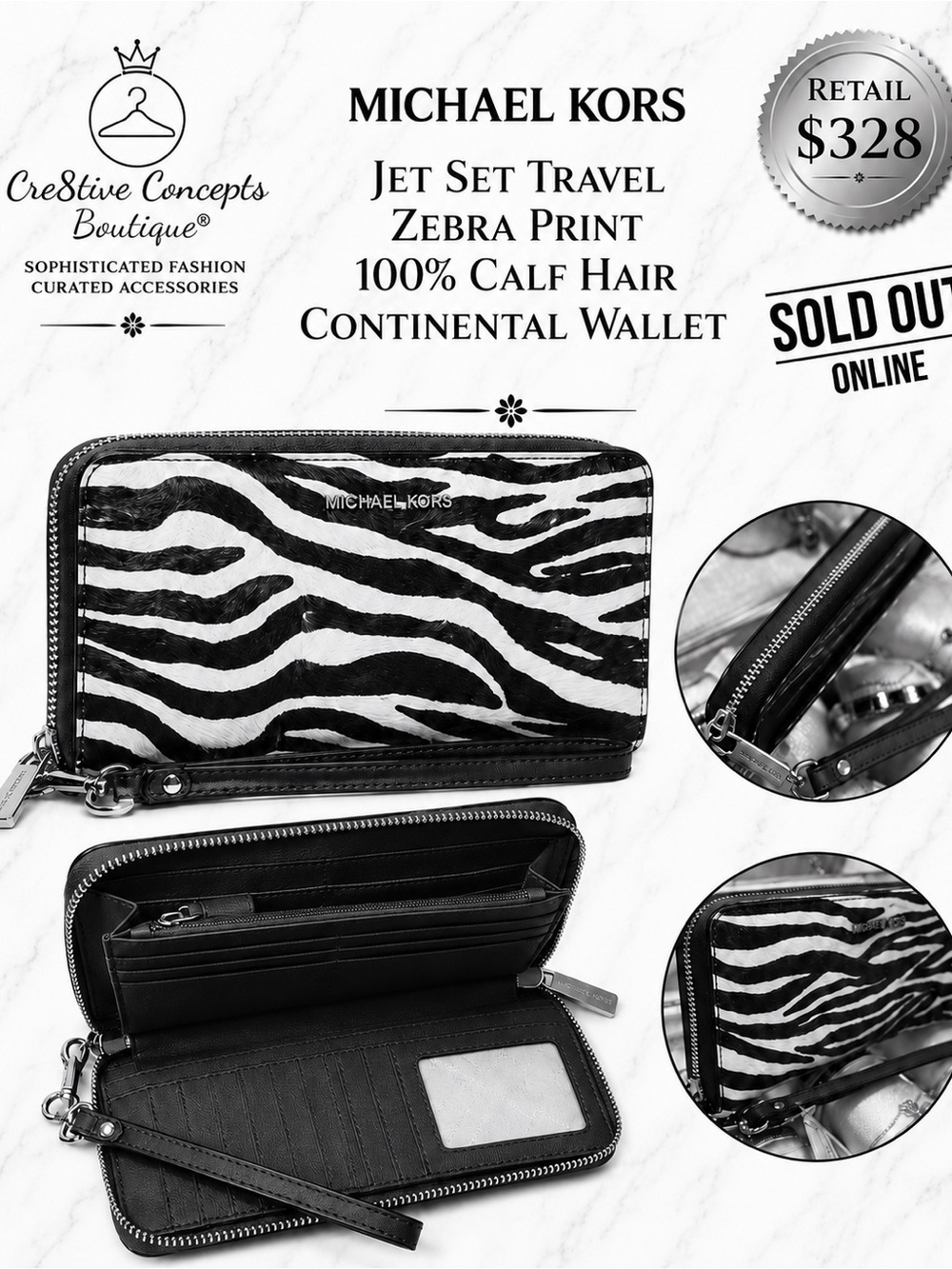 Michael Kors Jet Set Zebra Print Calf Hair Continental Wallet..Retail $328
